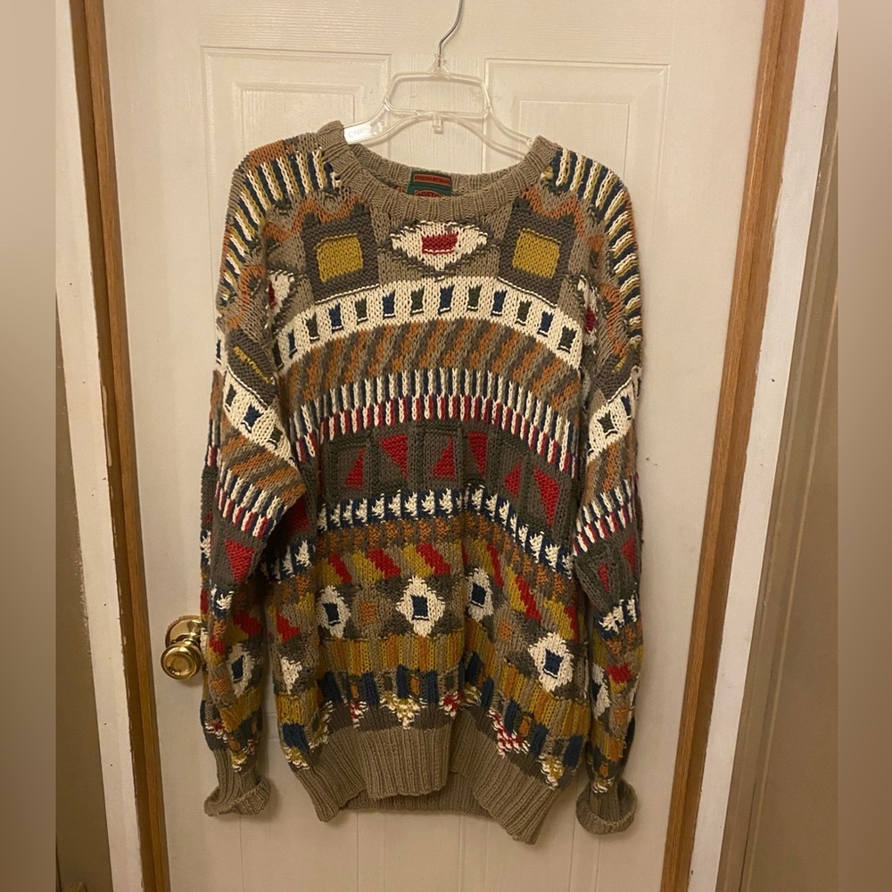VTG Boston Traders Colorful Geometric Hand Knitted Sweater XL